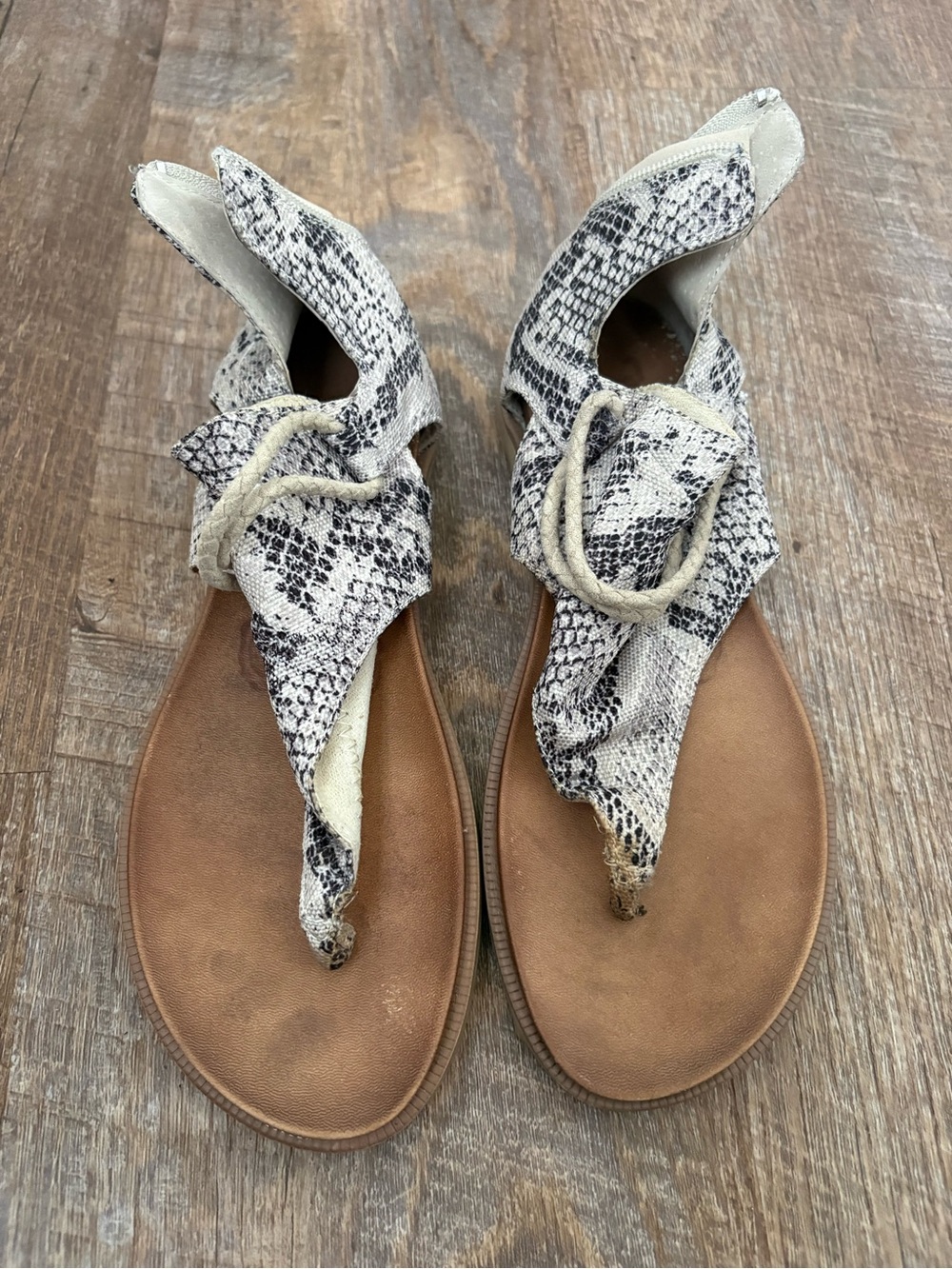 Very G Snake-Print Wrap Sandals in Cream and Brown